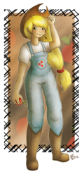 Size: 578x1200 | Tagged: safe, artist:limera, applejack, human, g4, apple, female, food, humanized, overalls, solo