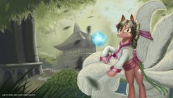 Size: 1024x583 | Tagged: safe, artist:crux9011, oc, earth pony, fox, fox pony, hybrid, kitsune, kitsune pony, original species, pony, ahri, league of legends, pagoda, ponified