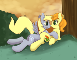 Size: 1750x1375 | Tagged: dead source, safe, artist:grumblepluck, carrot top, derpy hooves, golden harvest, pegasus, pony, g4, female, lesbian, mare, open mouth, ship:derpytop, shipping