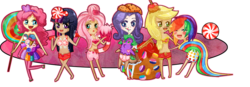 Size: 1093x379 | Tagged: safe, artist:blaans, applejack, fluttershy, pinkie pie, rainbow dash, rarity, twilight sparkle, human, g4, chibi, clothes, equestria girls (song), humanized, katy perry, mane six, palindrome get, skirt