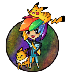 Size: 886x904 | Tagged: safe, artist:blaans, rainbow dash, jolteon, pikachu, g4, chibi, humanized, pokémon