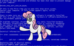 Size: 1280x800 | Tagged: safe, artist:nlgma, sweetie belle, pony, robot, robot pony, unicorn, g4, blank flank, blue screen of death, female, filly, foal, hooves, horn, solo, sweetie bot, text