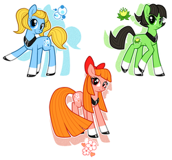 Size: 916x851 | Tagged: source needed, safe, artist:lapinblanc, earth pony, pony, female, frown, ponified, raised hoof, smiling, the powerpuff girls, trio