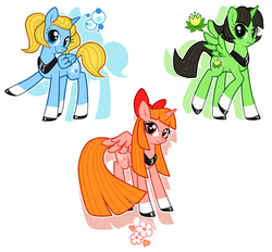 Size: 916x851 | Tagged: source needed, safe, alternate version, artist:lapinblanc, alicorn, pony, female, frown, looking at you, ponified, raised hoof, smiling, the powerpuff girls, trio