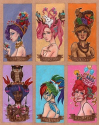 Size: 2327x2934 | Tagged: safe, artist:kiero, angel bunny, applejack, fluttershy, owlowiscious, pinkie pie, rainbow dash, rarity, twilight sparkle, g4, alternate hairstyle, dark skin, elements of harmony, fashion, humanized, mane six