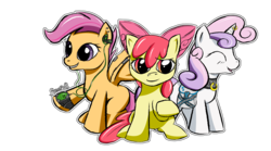 Size: 1920x1064 | Tagged: safe, artist:freefox, apple bloom, scootaloo, sweetie belle, earth pony, pony, g4, cutie mark crusaders, ear piercing, horn, horn piercing, piercing