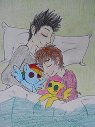 Size: 810x1080 | Tagged: safe, artist:haterthepony, fluttershy, rainbow dash, human, pony, g4, gay, male, plushie, sleeping
