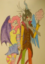 Size: 630x894 | Tagged: safe, artist:haterthepony, discord, pinkie pie, g4, cotton candy, female, food, horn, horned humanization, humanized, male, ship:discopie, shipping, straight, winged humanization