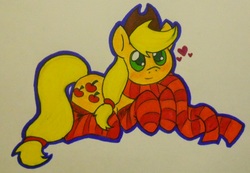 Size: 808x560 | Tagged: safe, artist:haterthepony, applejack, earth pony, pony, g4, clothes, female, heart, prone, scarf, socks, solo, striped socks, traditional art