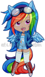 Size: 527x900 | Tagged: safe, artist:chibichise, rainbow dash, human, g4, converse, eared humanization, female, goggles, humanized, shoes, simple background, solo, tailed humanization, winged humanization