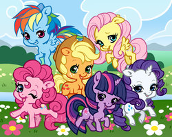 Size: 720x576 | Tagged: safe, artist:celesse, applejack, fluttershy, pinkie pie, rainbow dash, rarity, twilight sparkle, g4, chibi, mane six