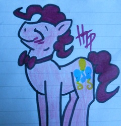 Size: 643x669 | Tagged: safe, artist:haterthepony, pinkie pie, earth pony, pony, g4, blushing, bowtie, bubble berry, eyes closed, rule 63, smiling, solo, traditional art