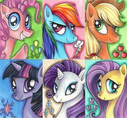 Size: 2250x2099 | Tagged: safe, artist:gorehounde, applejack, fluttershy, pinkie pie, rainbow dash, rarity, twilight sparkle, earth pony, pegasus, pony, unicorn, g4, female, high res, horn, mane six, mare, traditional art, unicorn twilight