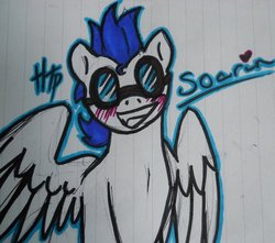 Size: 900x794 | Tagged: safe, artist:haterthepony, soarin', g4, blushing, goggles