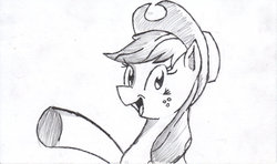 Size: 900x532 | Tagged: safe, artist:cheasyman, applejack, earth pony, pony, g4, female, monochrome, solo, traditional art