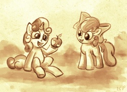 Size: 800x581 | Tagged: safe, artist:kp-shadowsquirrel, apple bloom, sweetie belle, earth pony, pony, unicorn, g4, apple, duo, duo female, female, monochrome