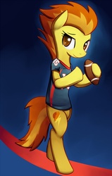 Size: 698x1100 | Tagged: safe, artist:negativefox, spitfire, pony, g4, american football, bipedal, clothes, denver broncos, female, hoof hold, jersey, nfl, solo