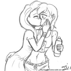 Size: 1280x1280 | Tagged: safe, artist:johnjoseco, fluttershy, rainbow dash, human, g4, belly button, clothes, dress, female, grayscale, humanized, kissing, lesbian, midriff, monochrome, ship:flutterdash, shipping, sports bra