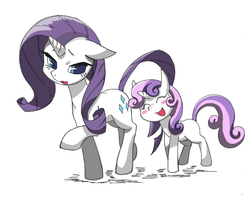 Size: 900x714 | Tagged: safe, artist:8->, rarity, sweetie belle, pony, unicorn, g4, duo, duo female, female, filly, floppy ears, mare, open mouth, pixiv, sisters