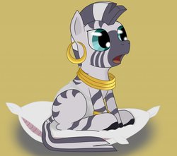 Size: 1280x1129 | Tagged: safe, zecora, zebra, g4, age regression, baby, baby zebra, cute, female, filly, foal, pillow, solo, transformation, zecorable