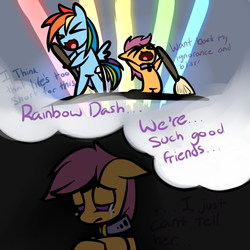 Size: 650x650 | Tagged: safe, artist:serendipity-kitty, rainbow dash, scootaloo, pegasus, pony, g4, collar, crying, lesboloo, memory, thought bubble