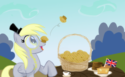Size: 1120x690 | Tagged: safe, artist:kheltari, derpy hooves, pegasus, pony, g4, balancing, basket, britain, british, cup, england, female, flag, food, hat, mare, monocle, muffin, pie, ponies balancing stuff on their nose, quite, solo, tea, teacup, tiny hat, union jack, united kingdom