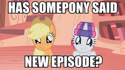 Size: 960x540 | Tagged: safe, edit, edited screencap, screencap, applejack, rarity, g4, look before you sleep, caption, episode, golden oaks library, hair curlers, hat, hype, image macro, meme, roflbot, smiling, text