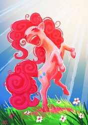 Size: 620x877 | Tagged: safe, artist:cmaggot, pinkie pie, earth pony, pony, g4, dancing, eyes closed, female, field, flower, needs more saturation, open mouth, outdoors, rearing, smiling, solo