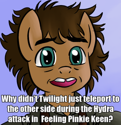 Size: 862x889 | Tagged: safe, pony, feeling pinkie keen, g4, black outlines, bust, caption, clothes, english, frodo, gradient background, image macro, portrait, question, solo, text