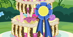 Size: 934x473 | Tagged: safe, screencap, g4, mmmystery on the friendship express, blue ribbon, cake, donut, eclair, ribbon