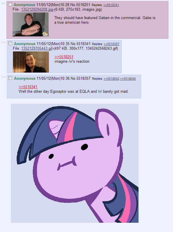 143684 - safe, twilight sparkle, g4, /mlp/, 4chan, 4chan screencap,  egoraptor, gabe newell, meme, meta, pony curious, possible brony, wut face  - Derpibooru