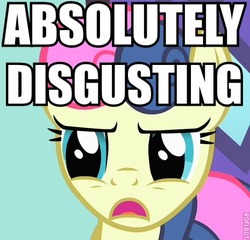 Size: 465x447 | Tagged: safe, bon bon, sweetie drops, earth pony, pony, g4, absolutely disgusting, bon bon is not amused, female, image macro, mare, meme, open mouth, reaction image, solo, text