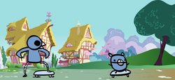 Size: 2533x1157 | Tagged: safe, g4, beartato, crossover, nedroid, ponyville, reginald (nedroid), skateboard