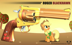 Size: 1280x795 | Tagged: safe, artist:the bad panda2, applejack, g4, 3d, cutie mark, gun, gunified, my little arsenal, pistol, revolver, weapon