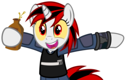 Size: 9367x6000 | Tagged: safe, artist:brisineo, oc, oc only, oc:blackjack, pony, unicorn, fallout equestria, fallout equestria: project horizons, absurd resolution, alcohol, clothes, colored sclera, drunk, faic, fanfic, fanfic art, female, hooves, horn, jumpsuit, mare, open mouth, pipbuck, security armor, simple background, solo, teeth, transparent background, vault security armor, vault suit, vector, whiskey, yellow sclera
