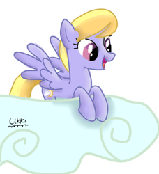 Size: 376x413 | Tagged: dead source, safe, artist:ilikki, cloud kicker, pegasus, pony, g4, cloud, female, mare, signature, simple background, smiling, solo, spread wings, white background, wings