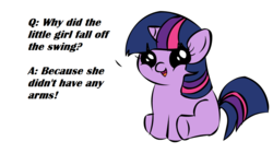 Size: 1194x668 | Tagged: safe, twilight sparkle, pony, unicorn, g4, exploitable meme, female, filly, filly twilight telling an offensive joke, foal, meme, sitting