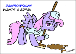 Size: 1200x848 | Tagged: safe, artist:kappeljac, rainbowshine, pegasus, pony, g4, background pony, broom, female, hard hat, mare, simple background, solo, tired, weather factory uniform, white background