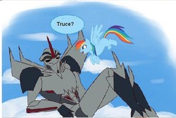 Size: 1104x740 | Tagged: safe, rainbow dash, g4, clash of hasbro's titans, missing cutie mark, starscream, starscream vs rainbow dash, transformers