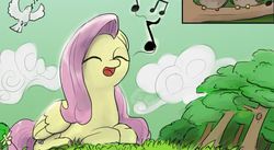 Size: 886x485 | Tagged: safe, artist:valcron, fluttershy, bird, pegasus, pony, g4, cloud, cropped, cute, female, flower, grass, lying down, mare, music notes, open mouth, prone, singing, sky, tree