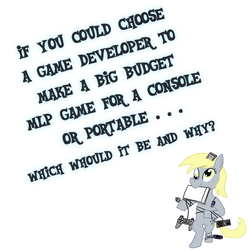 Size: 666x666 | Tagged: safe, derpy hooves, g4, bipedal, derp, discussion, game, question, simple background, solo, text, white background