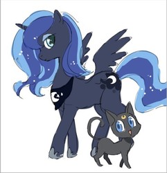 Size: 440x456 | Tagged: safe, artist:newrein, princess luna, g4, colored pupils, crossover, cute, duo, luna (sailor moon), namesake, open mouth, sailor moon (series), simple background