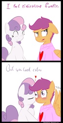 Size: 1600x3100 | Tagged: safe, artist:kryptchild, scootaloo, sweetie belle, g4, blushing, clothes, comic, female, kissing, lesbian, ship:scootabelle, shipping, sweater, wingboner