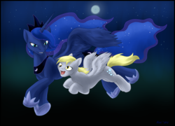 Size: 910x655 | Tagged: dead source, safe, artist:frugalfruit, derpy hooves, princess luna, alicorn, pegasus, pony, g4, duo, female, mare, moon, night