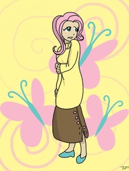 Size: 768x1024 | Tagged: safe, artist:themeaningofj, fluttershy, human, g4, clothes, cutie mark background, humanized, skinny, skirt, solo, sweater, sweatershy, thin