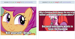 Size: 524x276 | Tagged: safe, cheerilee, scootaloo, derpibooru, g4, exploitable meme, juxtaposition, juxtaposition win