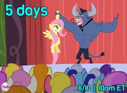 Size: 760x560 | Tagged: safe, edit, edited screencap, screencap, amethyst star, carrot top, cherry berry, fluttershy, golden harvest, iron will, merry may, minuette, sparkler, twinkleshine, g4, official, putting your hoof down, season 3, countdown, hub logo, hubble, hype, the hub