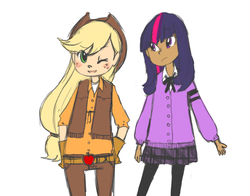 Size: 700x548 | Tagged: safe, artist:lovechafes, applejack, twilight sparkle, human, g4, dark skin, humanized