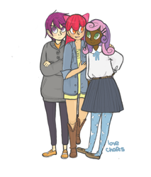 Size: 600x705 | Tagged: safe, artist:lovechafes, apple bloom, scootaloo, sweetie belle, human, g4, dark skin, humanized