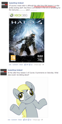 Size: 494x983 | Tagged: safe, derpy hooves, human, pegasus, pony, g4, :i, armor, derp, gamestop, gun, halo (series), looking at you, master chief, rifle, shrug, shrugpony, weapon